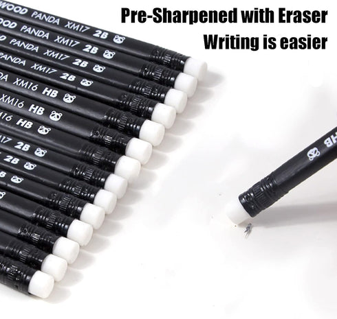 Panda 2B Black Wood Cased Graphite School Pencils, Pack of 12, Pre-Sharpened with Erasers for School, Office