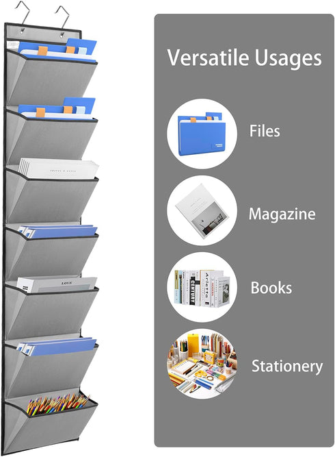 Wall Mounted File Holder Over Door Hanging Mail Organizer Document Storage Bag for Papers Magazines and Books (7 POCKETS-GREY)