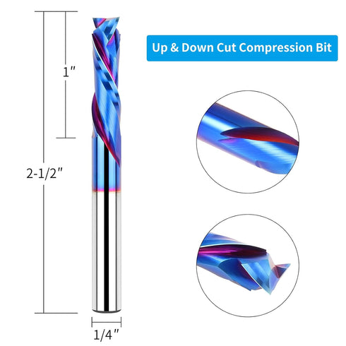 EANOSIC 1/4 inch 1/4 inch Spiral Router Bits Up Down Compression Bit Cutting Diameter with Nano Blue Coated, Shank