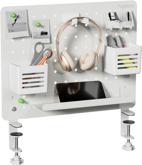 Clamp-on Desk Pegboard, Magnetic Metal Peg Board with 10 Accessories, Desk Organizer Set for Office, Gaming Home