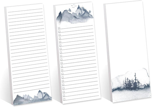 Watercolor Mountain Range Sticky Note Assortment, Set of 3 Blue Landscape Note Pads, 3" x 8" Daily Task Trackers