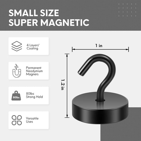 Neosmuk Black Magnetic Hooks, 80lb Heavy Duty Earth Magnets with Hook for Refrigerator, Extra Strong for Hanging
