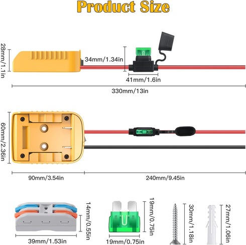 Dewalt 20V Battery Adapter for Power Wheels - Battery Conversion Kit with Switch, Fuse, Wire Terminals & 12AWG Wire