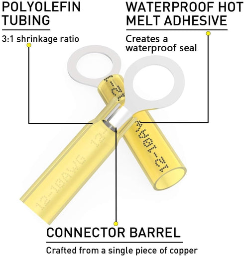 Sopoby 100PCS Heat Shrink Ring Connectors, 3/8" Yellow, 12-10 AWG, Electrical Crimp Connectors