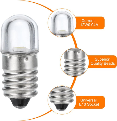 MECCANIXITY 12V/0.04A E10 Mini LED Light Bulbs, 10Pcs Miniature Screw Bulbs for Scientific Experiment Lighting