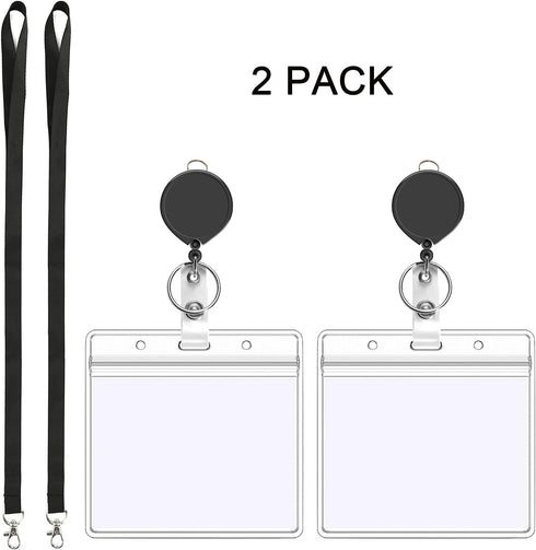 YOUOWO Black Lanyard with Horizontal ID Badge Holder 4x3 and Retractable Badge Reel, 2 Pack