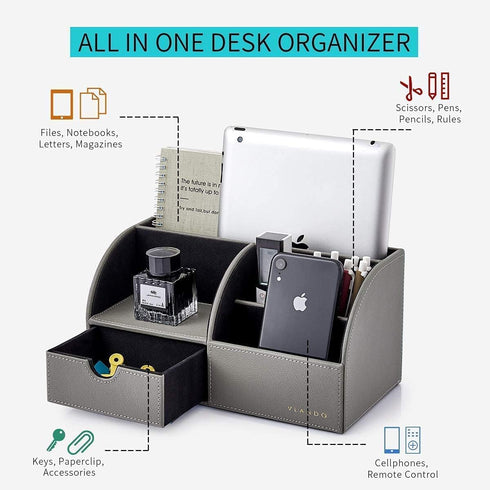 Vlando Office Desk Organizer, Leather Caddy with Drawer for Storing Desktop Supplies and Accessories, Grey Set