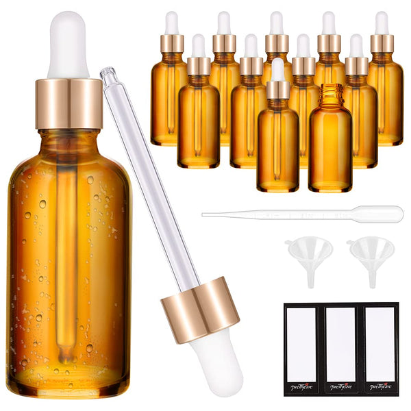 PrettyCare Eye Dropper Bottle 2 oz (12 Pack Amber Glass Bottles 60ml) with Golden Caps, Labels, Funnel & Pipettes