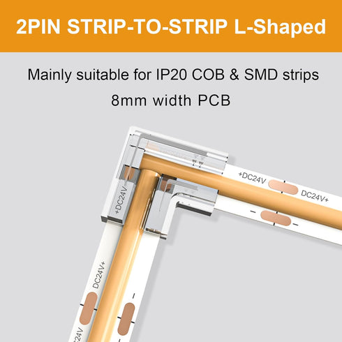 20pcs COB LED Light Strip Connectors, 8mm 2Pin, L-Shaped/Corner Connector LED Tape Light Connectors for DIY COB/SMD