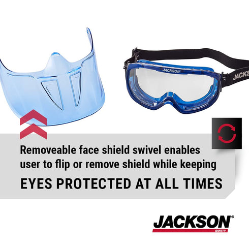 Jackson Safety GPL500 Safety Goggles with Flip Up/Detachable Blue Face Shield, Anti-Fog, Clear Lens