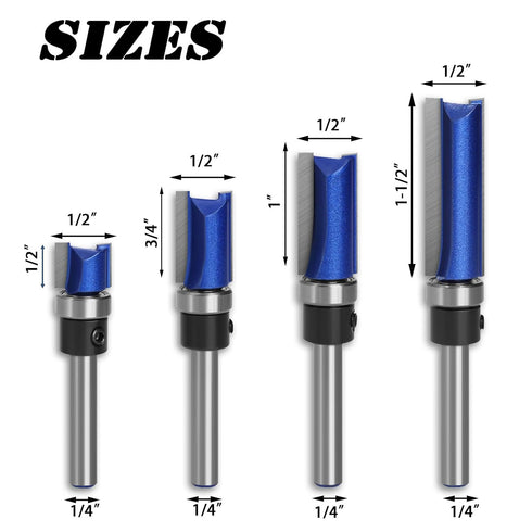 BENESOON 4PCS Set 1/4 Inch 1/2", 3/4", 1", 1-1/2" 1/2" Trimming Pattern Template Router Bit Shank, Cutting Depth, Dia