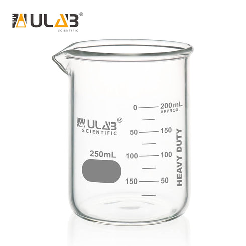 ULAB 10pcs Heavy Duty Glass Beakers, 250ml (8.45oz), Borosilicate 3.3 Glass with Double Scale, Superior Durability