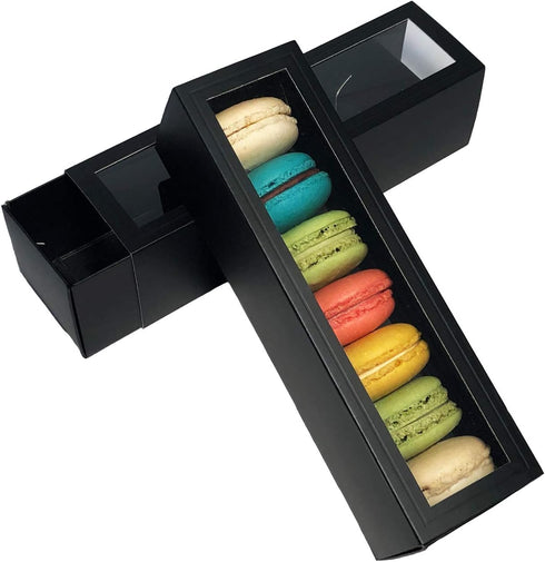 Elegant Rectangular Macaron Box, 20 Packs, 6 Macarons Storage Box, Black, 2.125 x 2.125 x 7.5 inches
