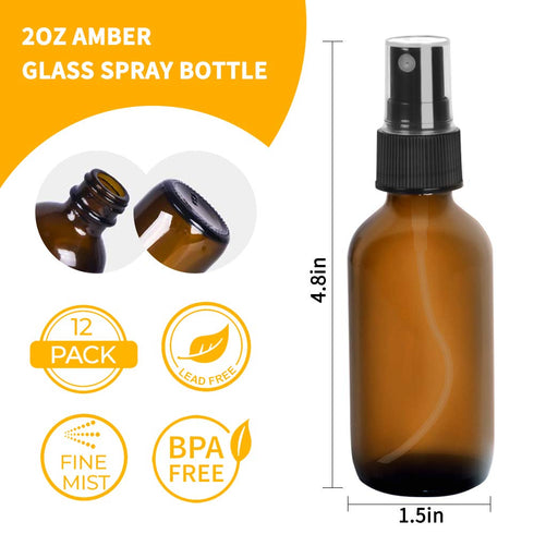 12 Pack 2oz 60 ml 1 Brush,2 Sprayers,2 Funnels,3 24 Amber Glass Spray Bottles with Fine Mist Sprayer & Dust Cap