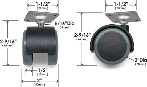 Slipstick CB681 Rubber Caster Wheels, 2 Inch Floor Protector, Set of 4, Black/Gray Green