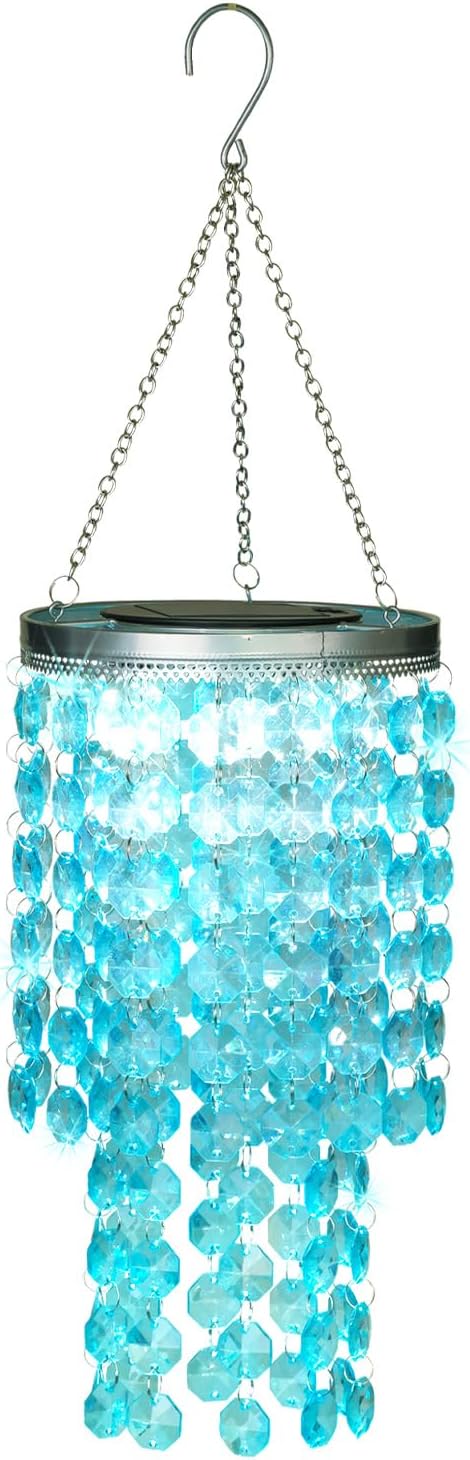 LEWIS&WAYNE 21 Hanging Solar Crystal Chandelier Outdoor, Modern Solar Blue Acrylic Beaded Lantern with Cool White LED S