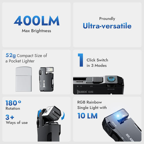 G5 400 WUBEN Rechargeable EDC Flashlight, Lumens Dual Light Sources Mini Flashlight with RGB Light, Portable Flat