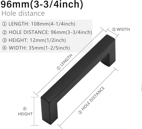 Cabinet Pulls Matte Black Cabinet Handles Square Drawer Pulls, 5 Pack 3-3/4 Inch Stainless Steel Kitchen Door Cupboard Cabinet Handles, Drawer Hardware Handles, 96mm Hole Centers