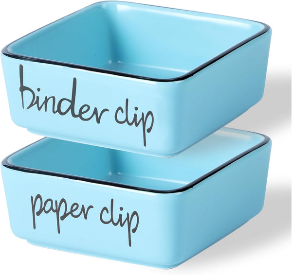 Farmhouse Square Paper Clip and Binder Clip Holders, Ceramic Dispenser Organizer for Desk, Cute Office Holder