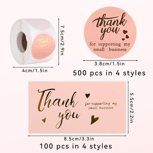 DONQTWAY 600 Set,Pink Package Pieces Thank You for Supporting My Small Business Stickers and Cards and Rose Gold Cute