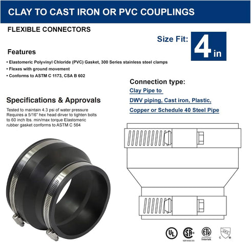 6I89 Flexible Rubber Coupling with Stainless Steel Clamps for 4" Cast Iron / PVC x 4" Clay