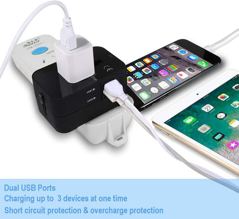 Worldwide All in One Travel Adapter, Universal Plug with 2.1A Dual USB Charging Ports for Asia, Europe, UK, AUS, USA