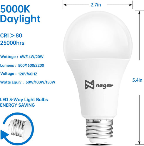 Noger 3-Way Led Light Bulbs A21 4 Pack , 50 100 150W Equivalent, 5000K Daylight, 3 Way E26 Light Bulbs for Reading, 500-1600-2200LM by Noger