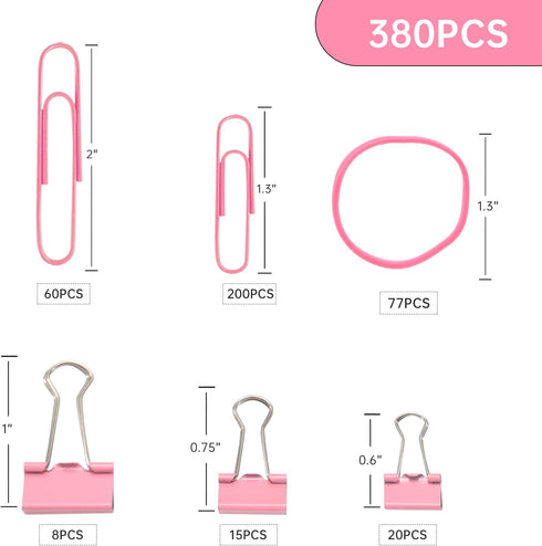 Pink Binder Clips Paper Clips,380 PCS Assorted Sizes Paperclips Paper Clamps Rubber Bands for Files, Papers, Home Supplies (Pink) by DANRONG