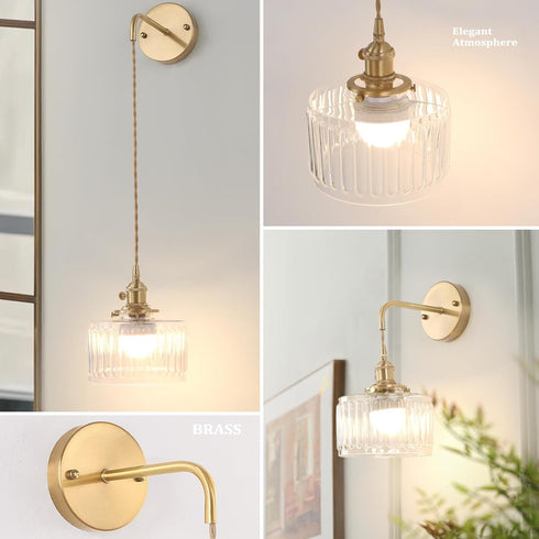 Shenmoyl Battery Operated Wall Sconce with Clear Striped Shade Pattern Glass Adjustable Chain Retro Gold Wall Mounted