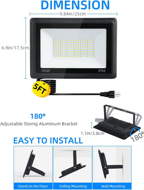 100W 2pack 10000lm 6500k IP66 LED Flood Lights Outdoor, Bright Led Work Light with Plug, Daylight White Outdoor LED