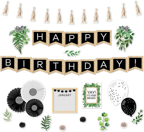 Schoolgirl Style Simply Boho 89-Piece Happy Birthday Bulletin Board Set with 12-Month Signs, Poms, and Cutouts