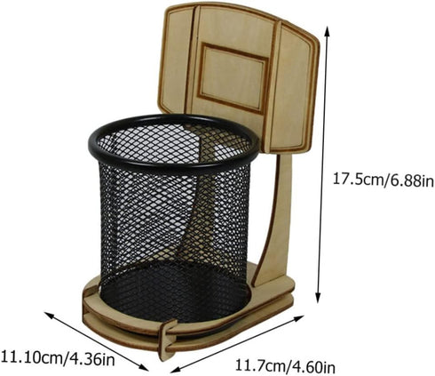 Basketball Stand Pen Holder, Kid Pencils Mesh Wire Pencil Cup Holder, Child Desk Kids Office Wood Grain Storage Box