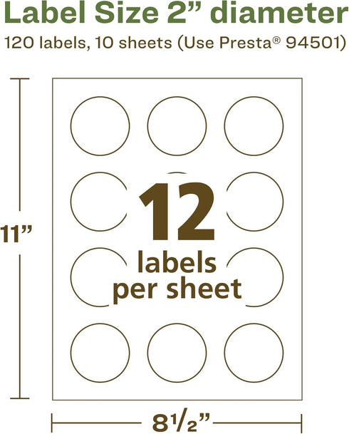 Avery EcoFriendly Matte White Recycled Round Labels, 2" Diameter, 120 Printable Labels, Permanent Adhesive, Laser/Inkjet