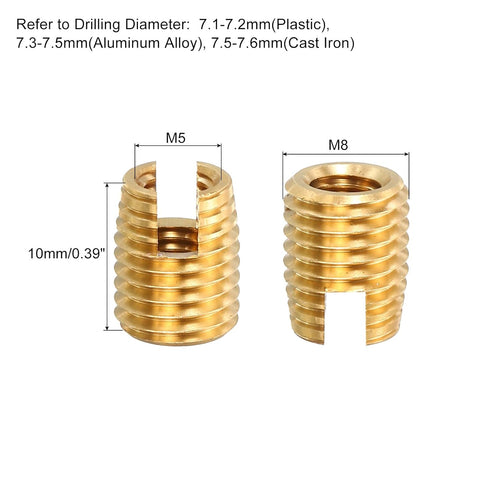 uxcell 10pcs Self Tapping Threaded Inserts, Inner M5-0.8 Outer M8x10 Brass Slotted Thread Repair Inserts Nuts