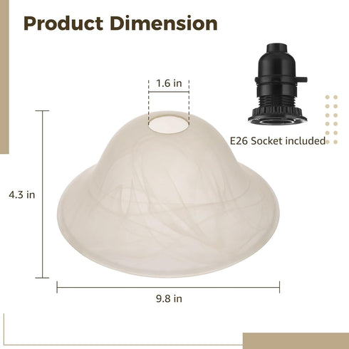 ZALIR E26 E26 Glass Lamp Shade Replacement with Marble Veins, Shade Replacement for Torchiere Lamp, Alabaster Glass