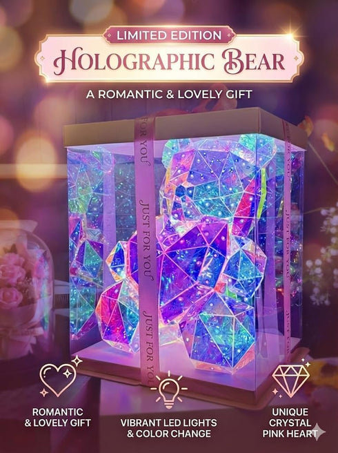 Aladdinas LED Teddy Bear Night Light, Holographic Iridescent Design, Nursery Decor Display Box with Ribbon (Pink Hear