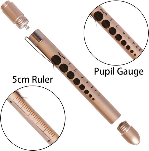 Aokin Medical Pen Light for Nurse Doctor, Reusable LED Flashlight with Pupil Gauge and Ruler, White Light, Gold