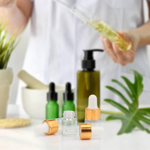 15Pcs Clear Glass Essential Oil Dropper Bottles - Mini 1ml/2ml/3ml with Gold Cap and White Latex