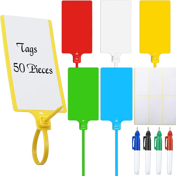 Pajean Waterproof Plastic Tags with Marker Pens, Writable Tags with Wire Cable Ties for Luggage, 50 Pieces