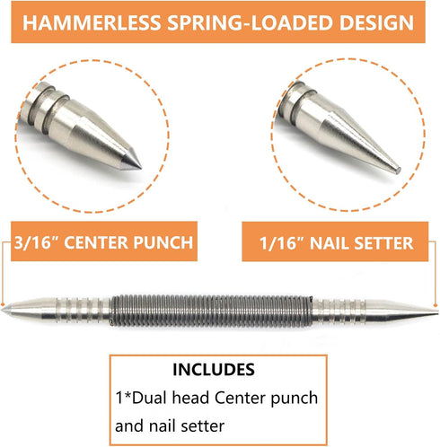 1/16 Dual Head Nail Setter and 3/16 Center Punch, 3500 PSI Striking Force Counter Punch Spring Nail Set by WHLLING