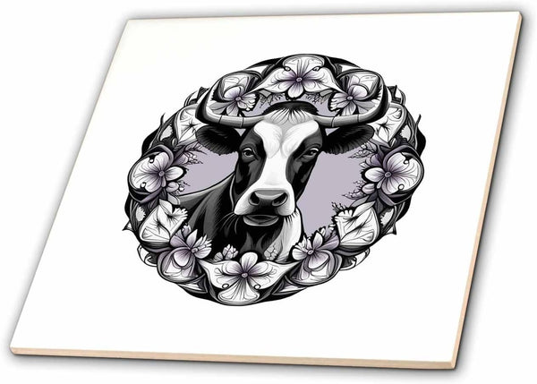 3dRose Dairy Cow Surrounded By A Wreath of Wood Violet Tattoo Style