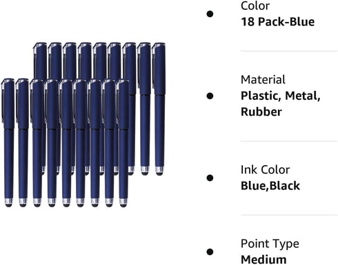Lin.Pen 1.0mm Black Gel Pens - 2-in-1 Stylus Gel Pen - Gel Ink Rollerball Pens for Office - 18 Pack - Dark Blue