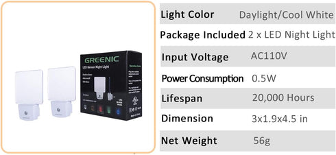 2 Pack LED Night Light with Dusk to Dawn Sensor - Cool White Illumination