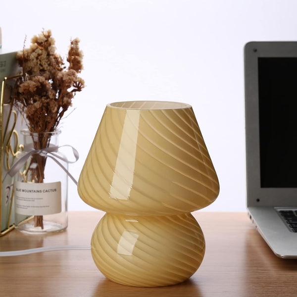 BSOD Glass Mushroom Bedside Table Lamp, Yellow Translucent Murano Vintage Style Striped