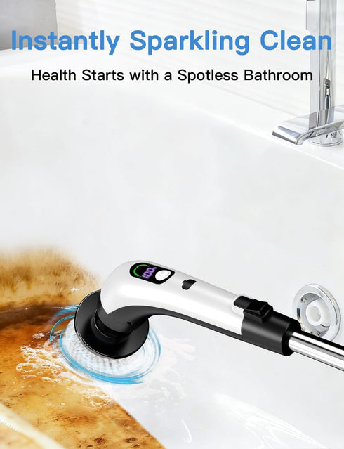 400RPM/Mins, 9 IPX7 Electric Spin Scrubber with Power LCD Display, Cordless Bathroom Cleaning Brush with Adjustable