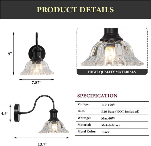 MKonpeny 1 Pack Bathroom Wall Sconce, Black Wall Lamp with Pressed Patterned Glass Lampshade, Farmhouse Wall Light