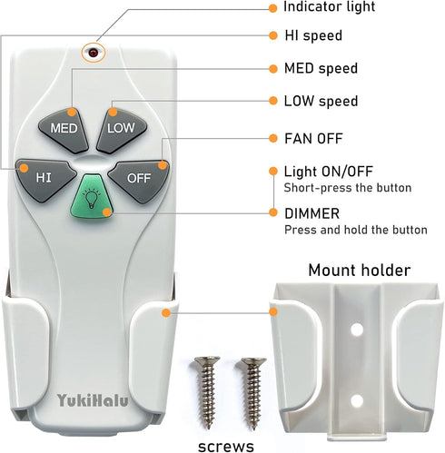 YukiHalu Universal Ceiling Fan Remote Control Kit, 3 Fan Speeds and Light Dimmer, UL Listed