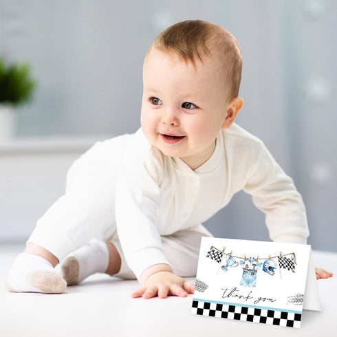 50 Pack 4 6 Inch Whaline Race Car Baby Shower Thank You Cards Greeting Card with Envelopes Stickers Blue Racing Theme