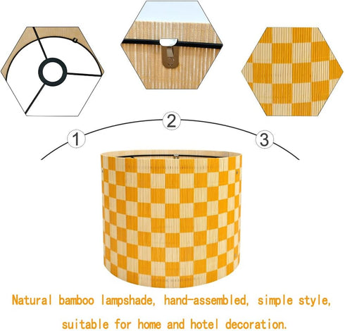 Generic 11.8 Inch Modern Lamp Shade with Colorful and Natural Checkered Pattern Bamboo Made, Translucent Drum Shape
