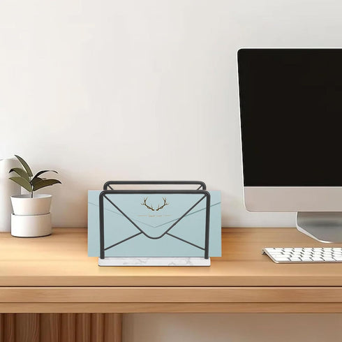 Modern Mail Holder for Home Office - Metal Letter Organizer Sorter for Desk, Envelope Storage Rack with Marble Base